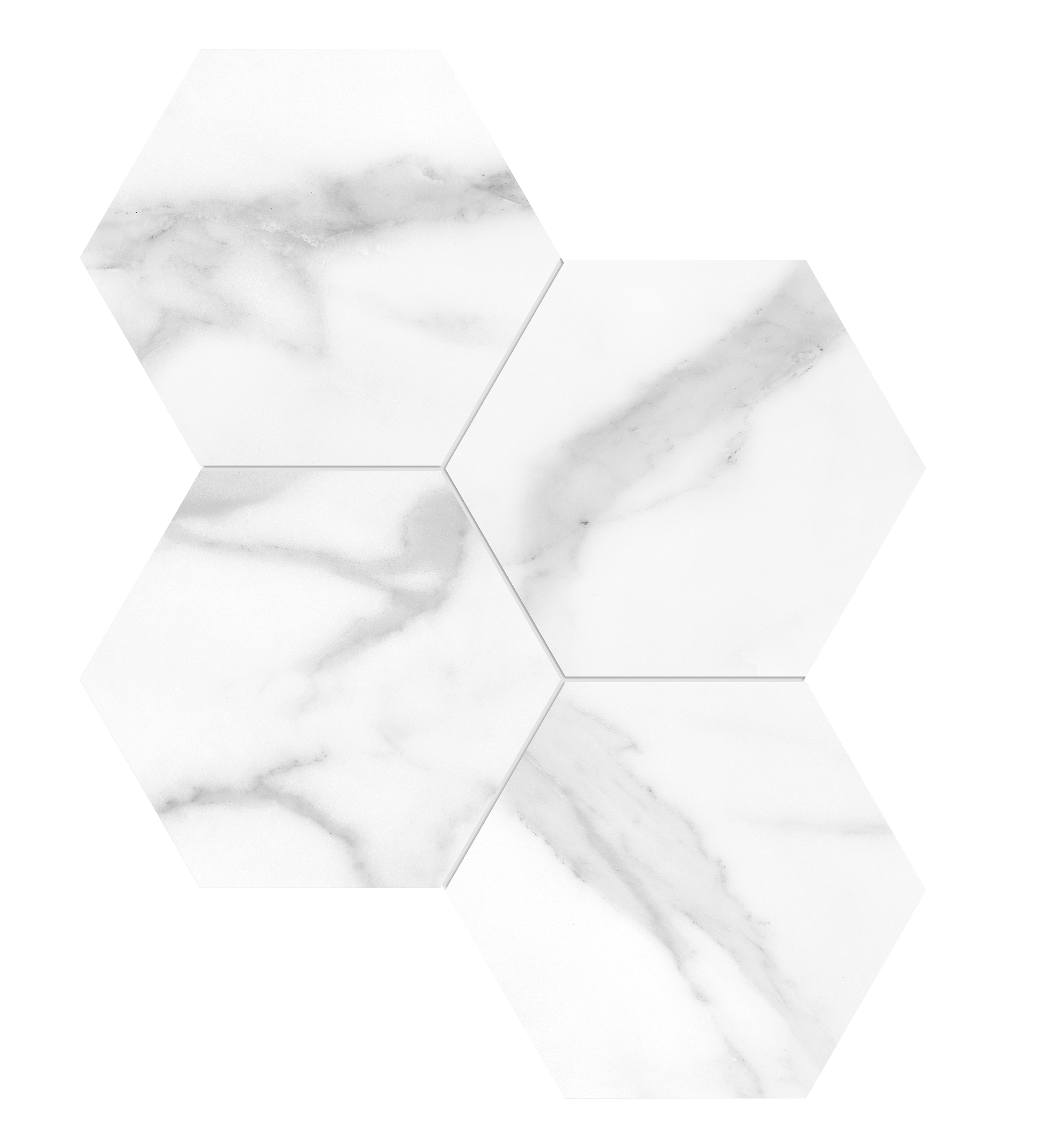 statuario nuovo hexagon 6-inch pattern glazed porcelain mosaic from la marca anatolia collection distributed by surface group international honed finish straight edge edge mesh shape