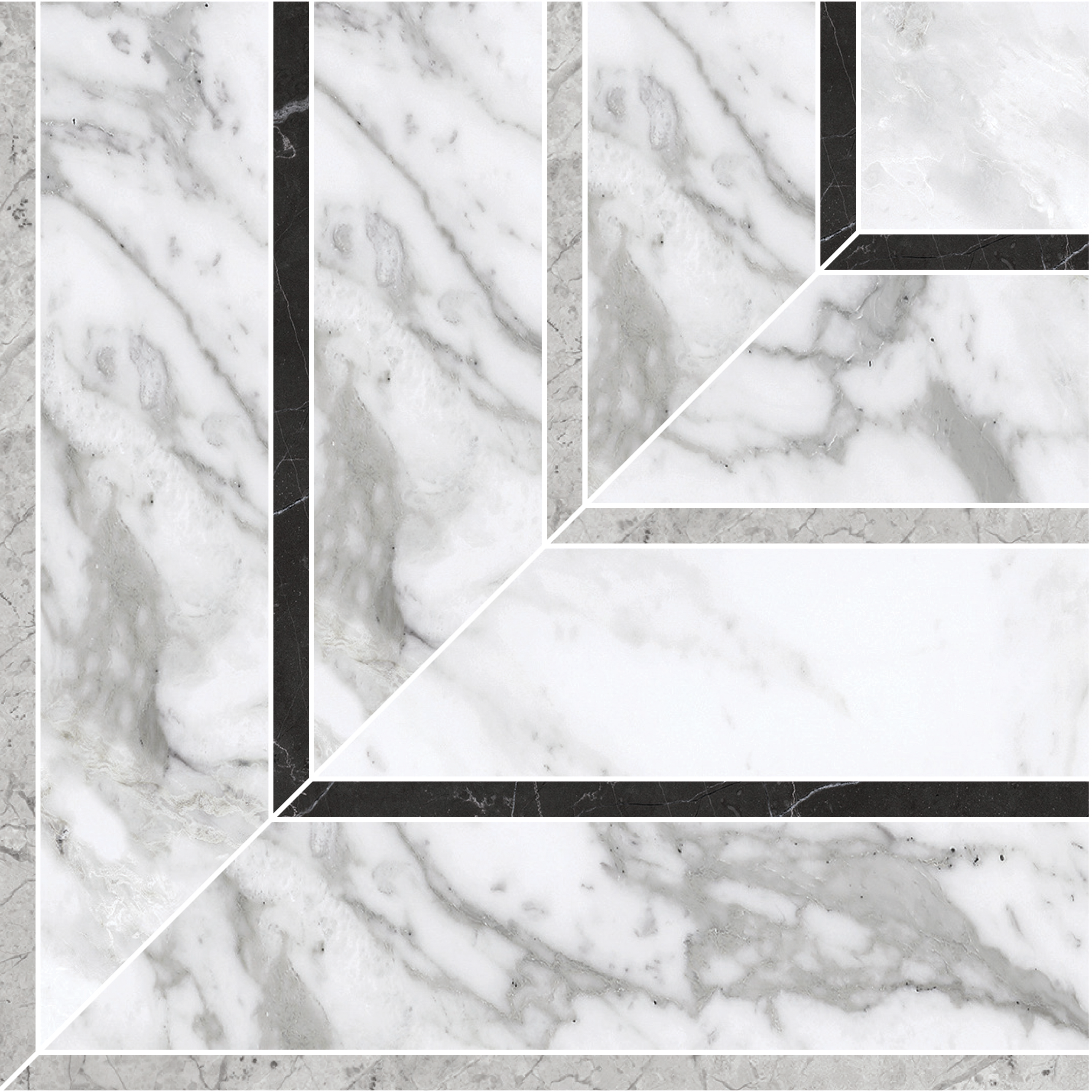 arabescato picco pattern glazed porcelain mosaic from la marca anatolia collection distributed by surface group international honed finish straight edge edge mesh shape