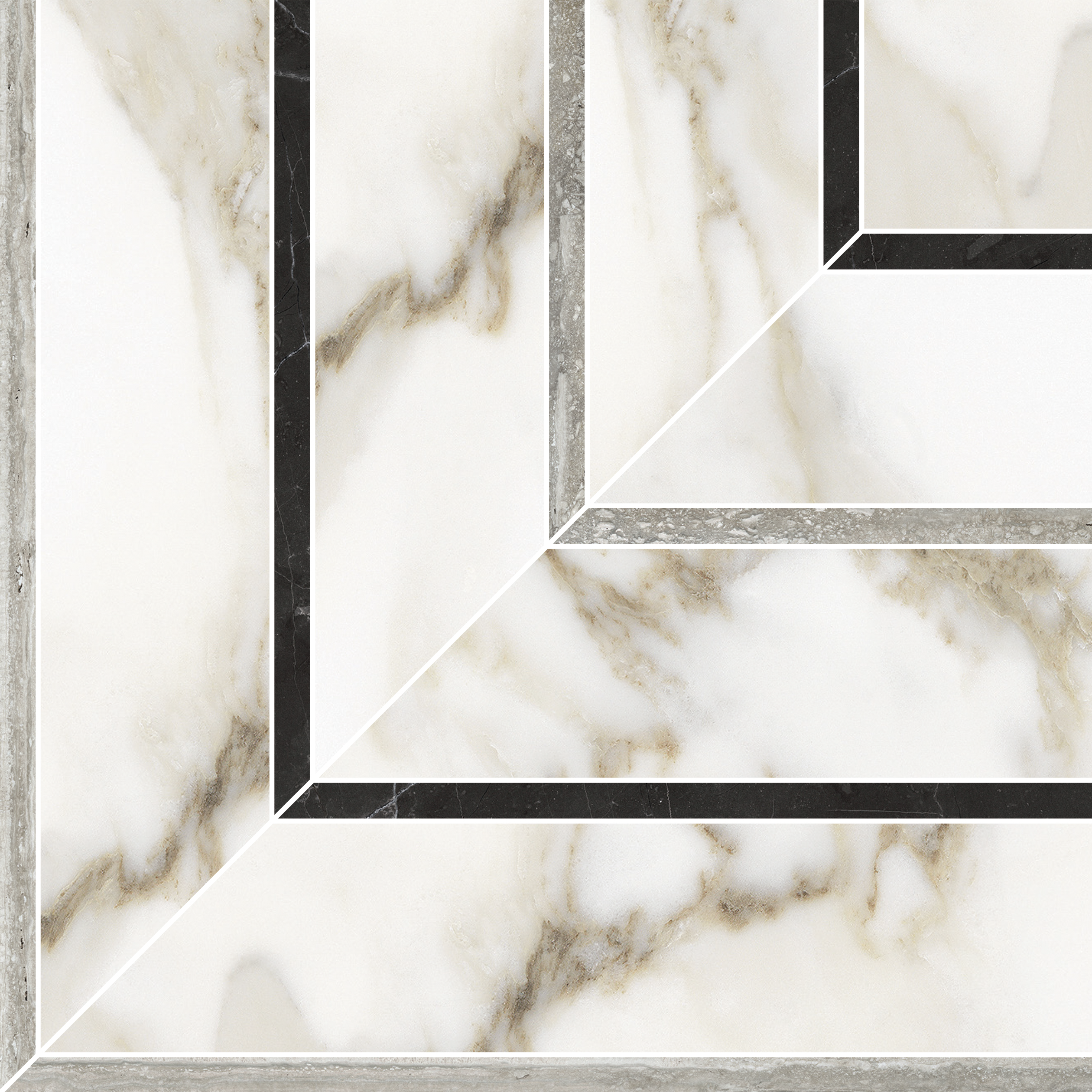 calacatta paonazzo picco pattern glazed porcelain mosaic from la marca anatolia collection distributed by surface group international honed finish straight edge edge mesh shape