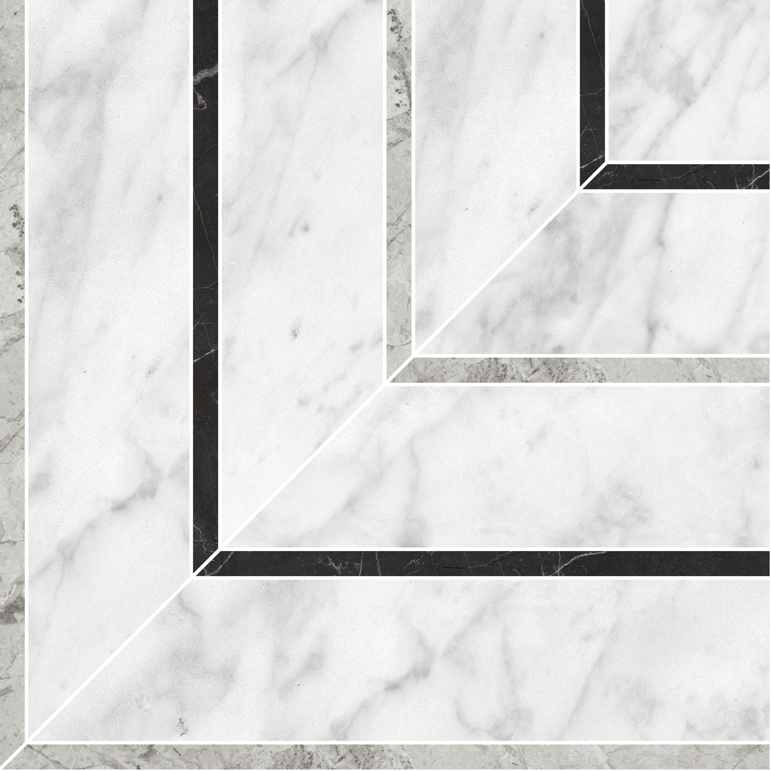 carrara gioia picco pattern glazed porcelain mosaic from la marca anatolia collection distributed by surface group international honed finish straight edge edge mesh shape