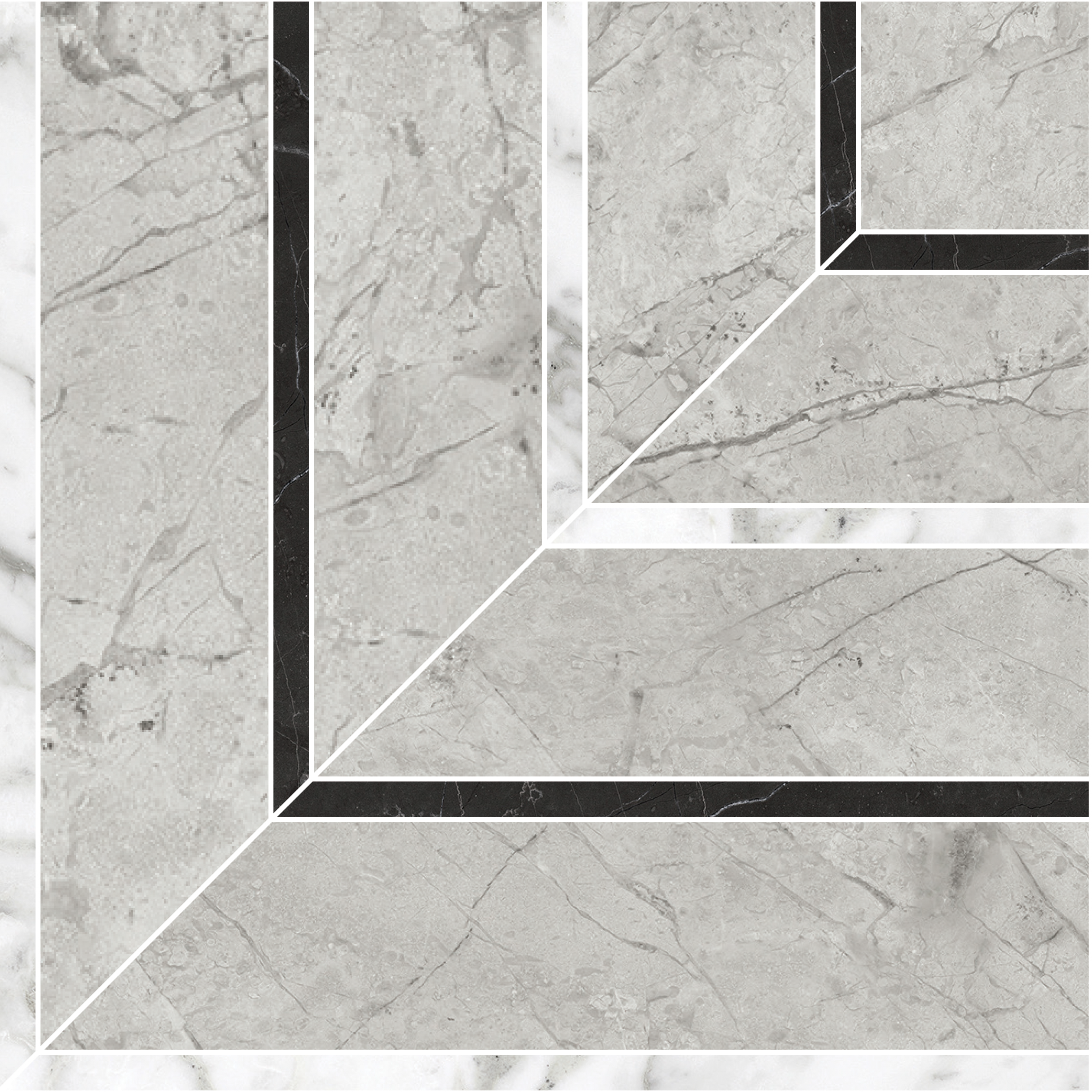 paradiso argento picco pattern glazed porcelain mosaic from la marca anatolia collection distributed by surface group international honed finish straight edge edge mesh shape