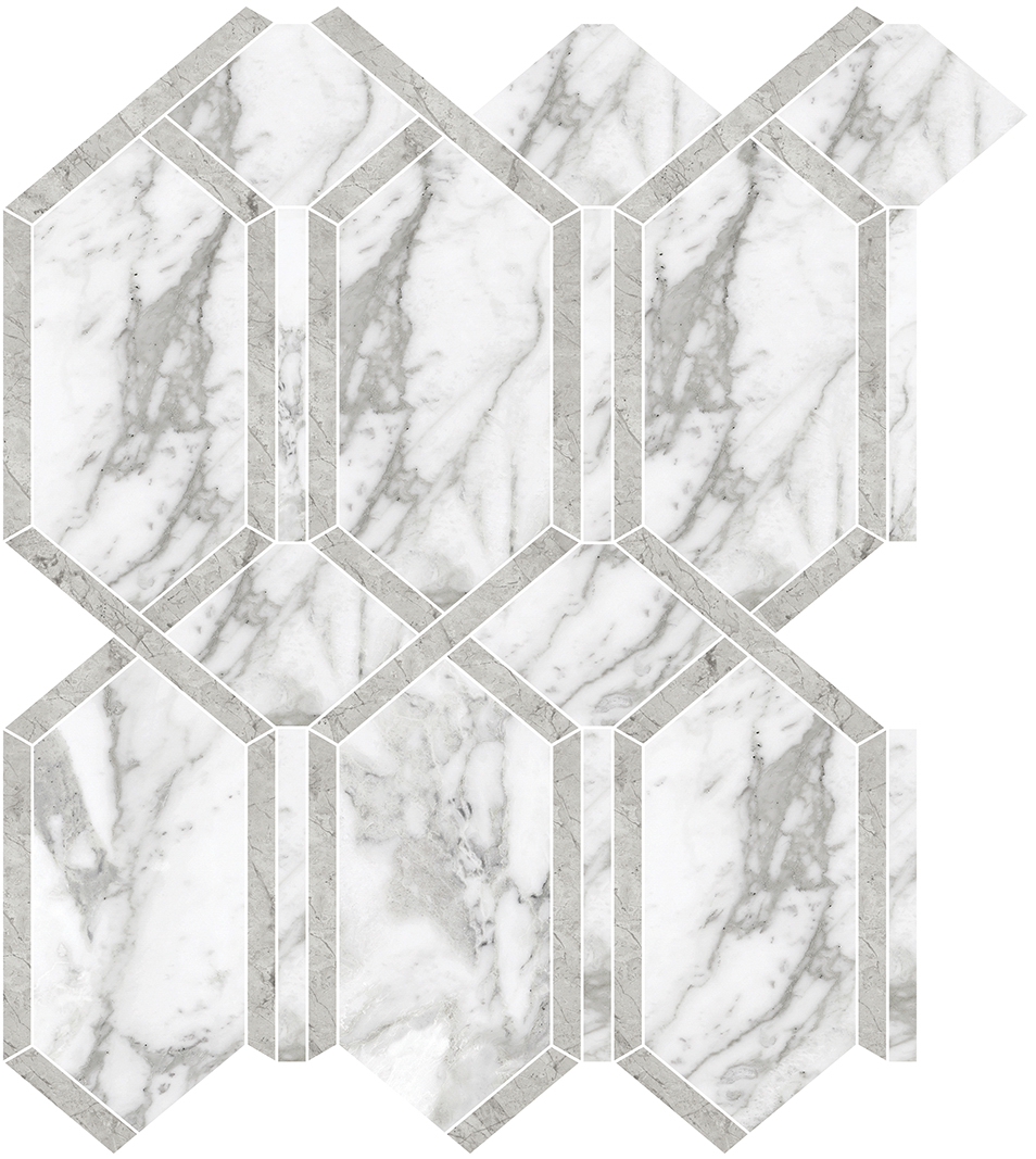 arabescato hexagon pattern glazed porcelain mosaic from la marca anatolia collection distributed by surface group international polished finish straight edge edge mesh shape
