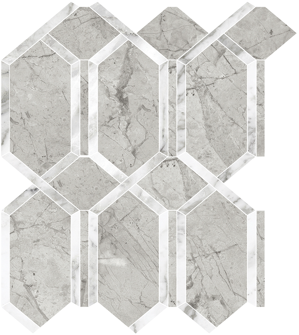 paradiso argento modella pattern glazed porcelain mosaic from la marca anatolia collection distributed by surface group international polished finish straight edge edge mesh shape