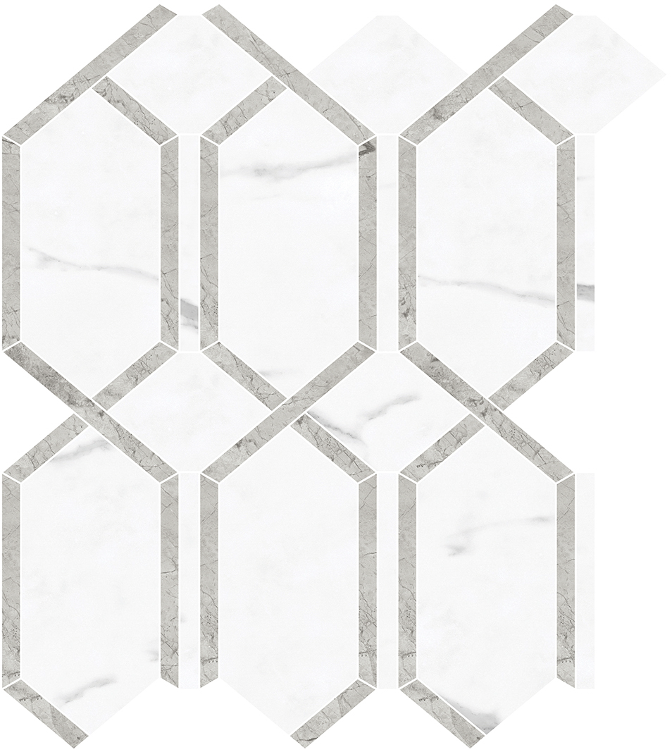 statuario nuovo modella pattern glazed porcelain mosaic from la marca anatolia collection distributed by surface group international polished finish straight edge edge mesh shape