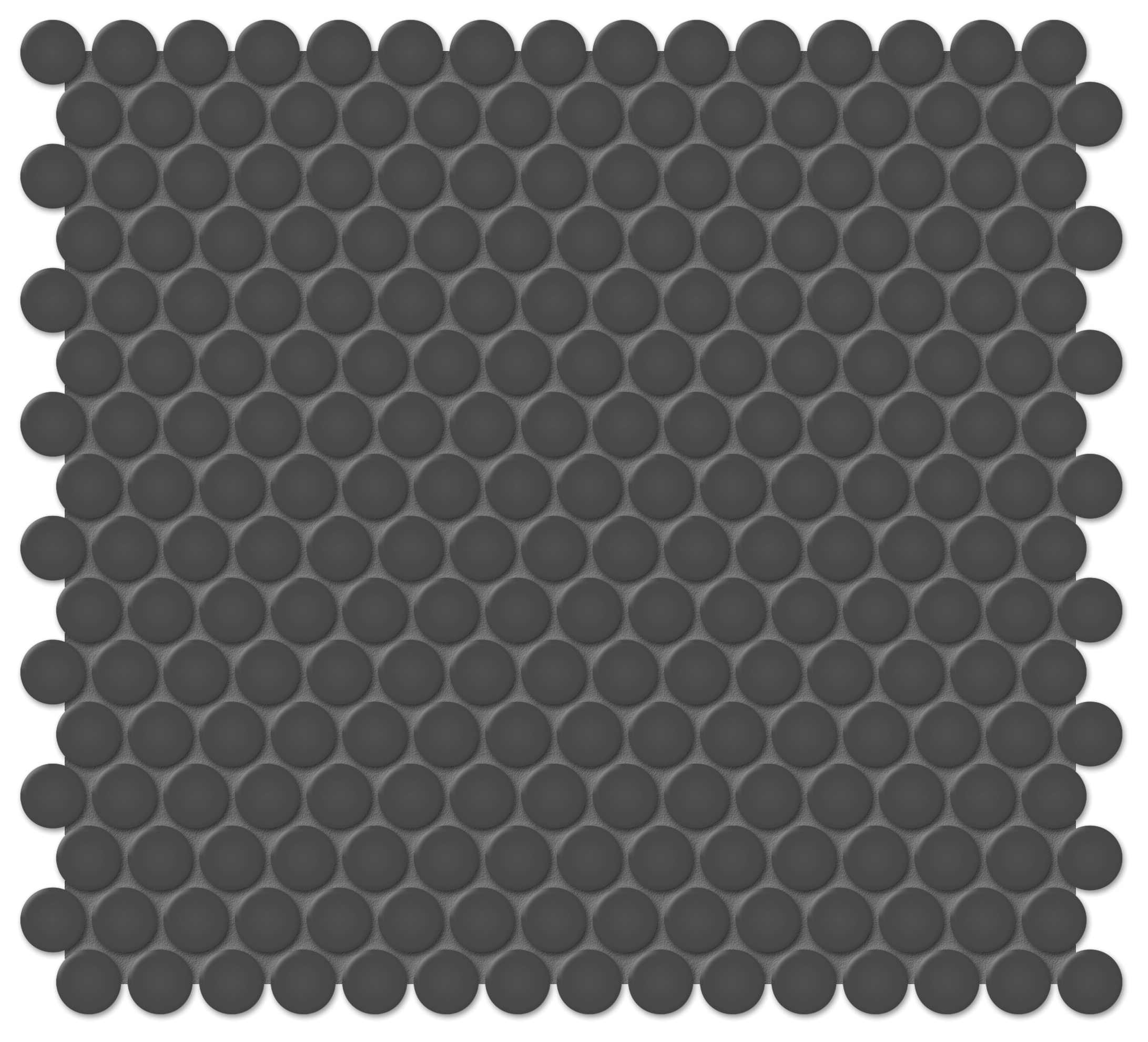 retro black penny round 3_4-inch pattern glazed porcelain mosaic from soho anatolia collection distributed by surface group international glossy finish pressed edge mesh shape