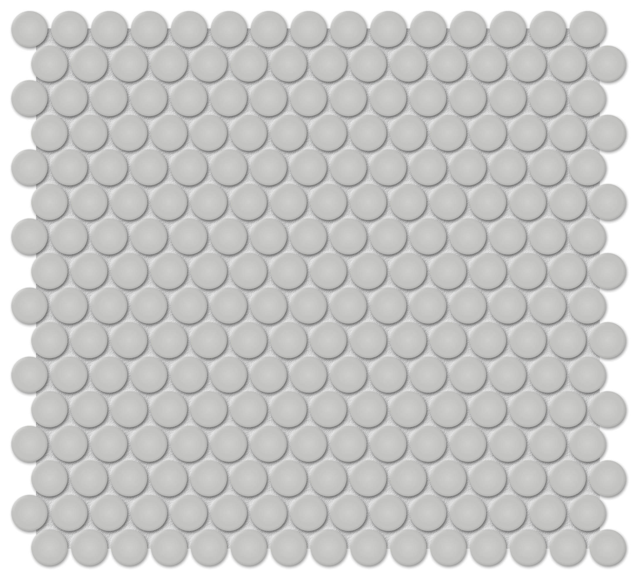 loft grey penny round 3_4-inch pattern glazed porcelain mosaic from soho anatolia collection distributed by surface group international matte finish pressed edge mesh shape