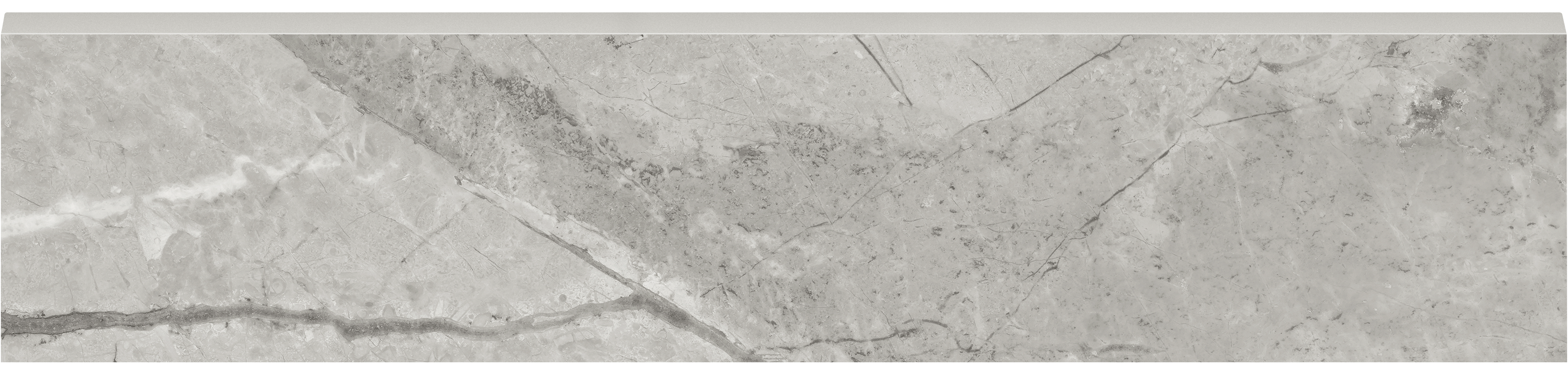 paradiso argento pattern glazed porcelain bullnose molding from la marca anatolia collection distributed by surface group international polished finish straight edge edge 3x12 bar shape