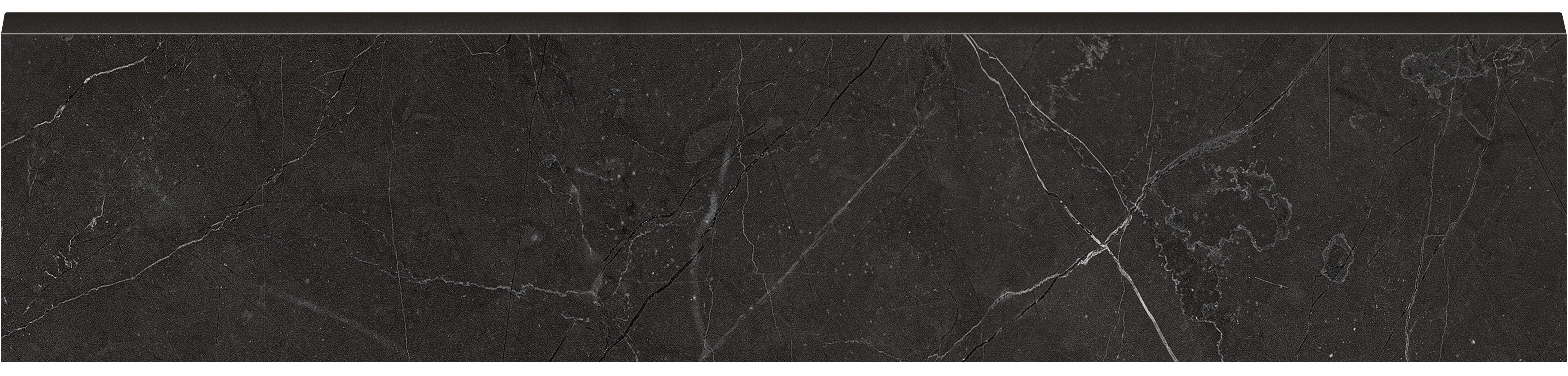 nero venato pattern glazed porcelain bullnose molding from la marca anatolia collection distributed by surface group international honed finish straight edge edge 3x12 bar shape