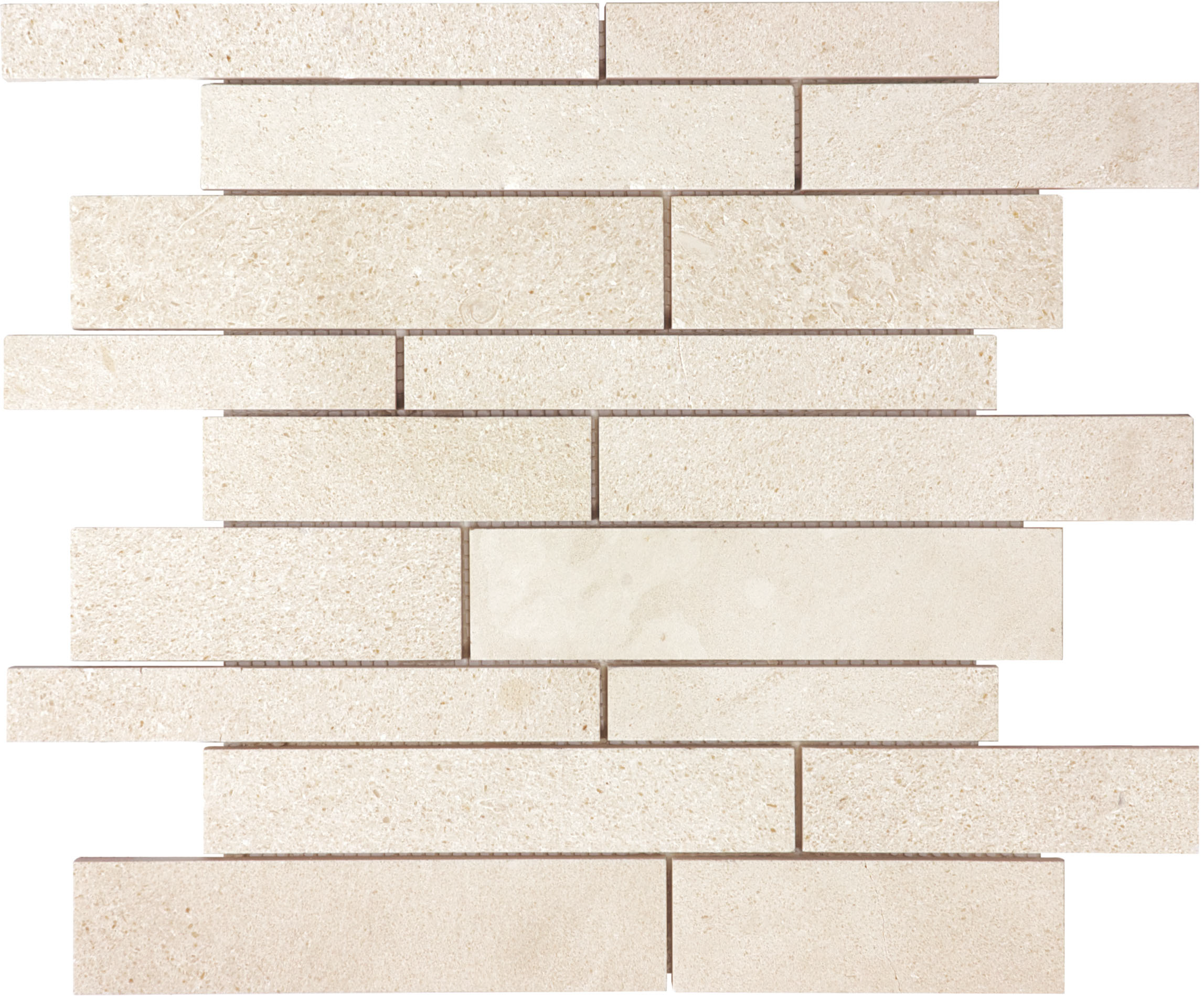 limestone random strip pattern natural stone mosaic from serene ivory anatolia collection distributed by surface group international honed finish straight edge edge mesh shape