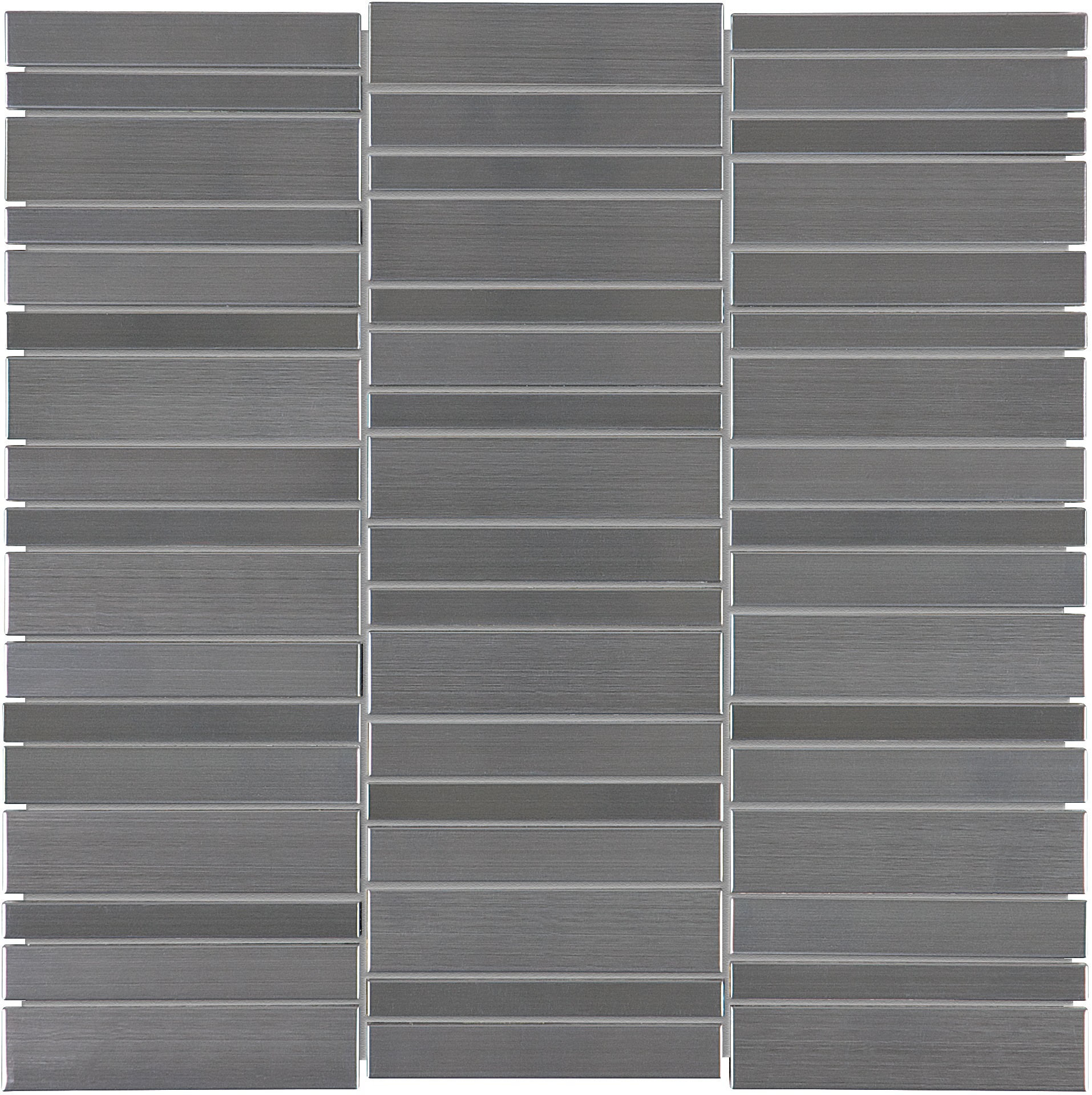 stone blend gray random width stack pattern natural stone mosaic stone blend from stainless steel anatolia collection distributed by surface group international glossy finish straight edge edge mesh shape