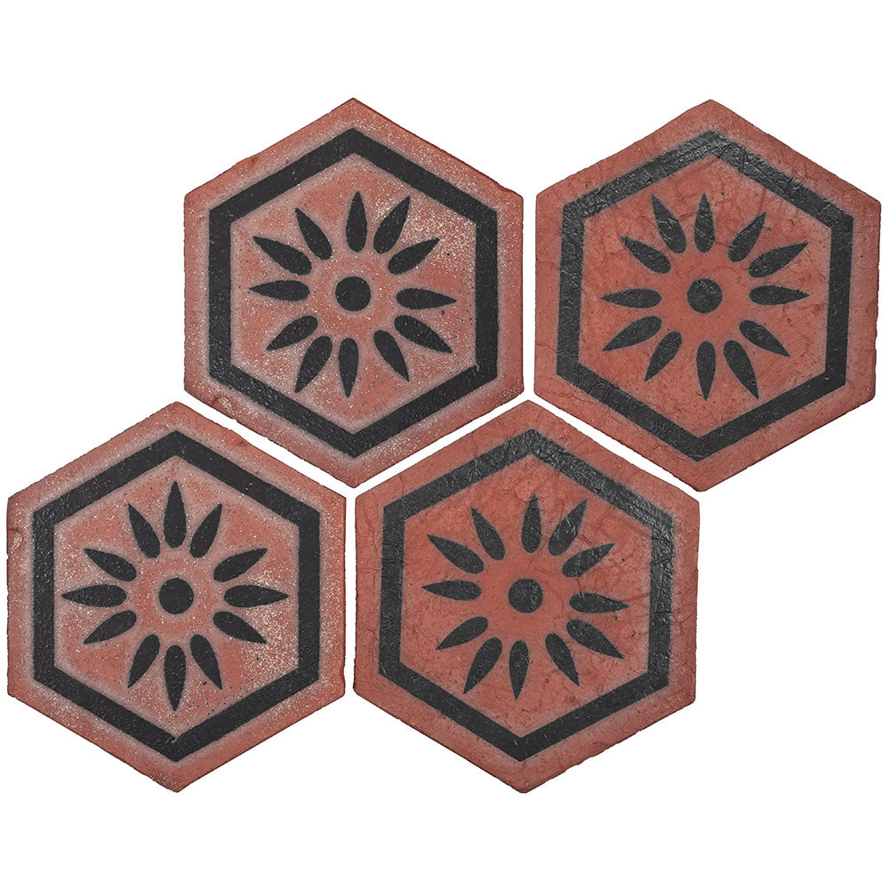 TIERRA MADRE: 04 Studio Black Natural Terracotta Field Deco Hexagon Tile (8"x⅜" | matte)