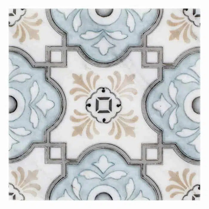 davenport azure detailed perle blanc natural limestone square shape deco tile size 6 by 6 inch for interior kitchen and bathroom vanity backsplash wall and floor wet areas distributed by surface group and produced by artistic tile in united states
