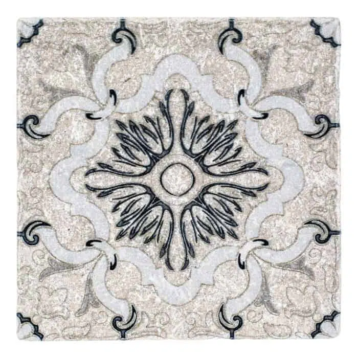 dulcet black captivating perle blanc natural limestone square shape deco tile size 12 by 12 inch for interior kitchen and bathroom vanity backsplash wall and floor wet areas distributed by surface group and produced by artistic tile in united states