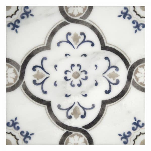 fiore obsidian soothing design carrara natural marble square shape deco tile size 6 by 6 inch for interior kitchen and bathroom vanity backsplash wall and floor wet areas distributed by surface group and produced by artistic tile in united states