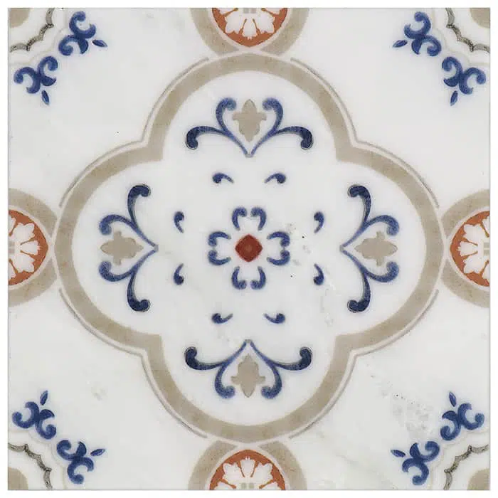 fiore vermilion strong outlines perle blanc natural limestone square shape deco tile size 12 by 12 inch for interior kitchen and bathroom vanity backsplash wall and floor wet areas distributed by surface group and produced by artistic tile in united states
