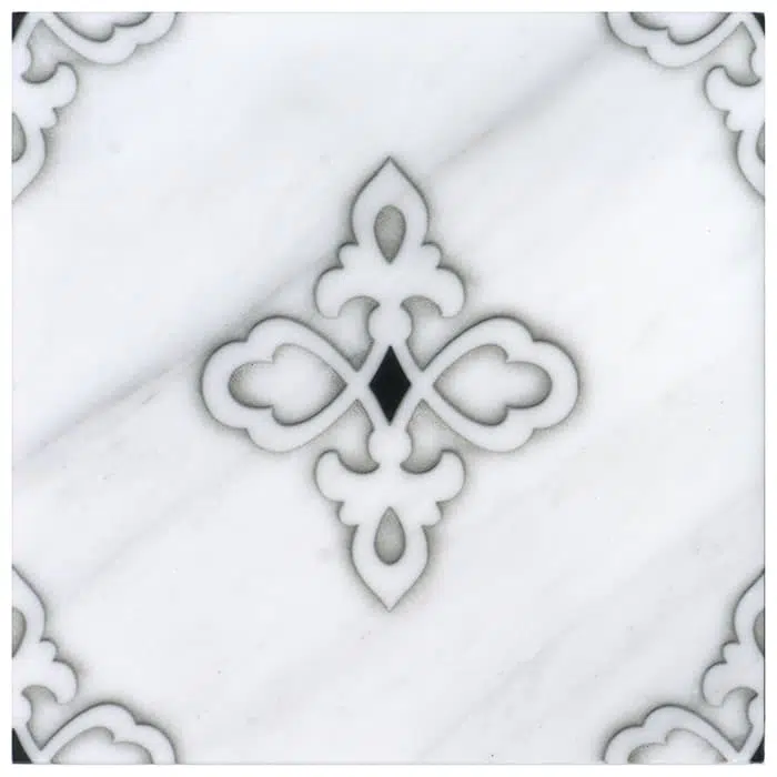 gemma iron minimalistic carrara natural marble square shape deco tile size 6 by 6 inch for interior kitchen and bathroom vanity backsplash wall and floor wet areas distributed by surface group and produced by artistic tile in united states