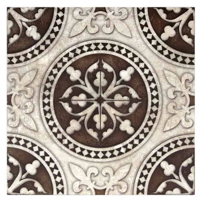 regent coffee focal point carrara natural marble square shape deco tile size 6 by 6 inch for interior kitchen and bathroom vanity backsplash wall and floor wet areas distributed by surface group and produced by artistic tile in united states