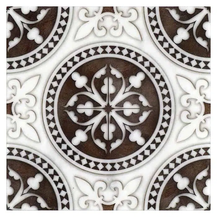 regent coffee accent wall honed durango natural limestone square shape deco tile size 6 by 6 inch for interior kitchen and bathroom vanity backsplash wall and floor wet areas distributed by surface group and produced by artistic tile in united states