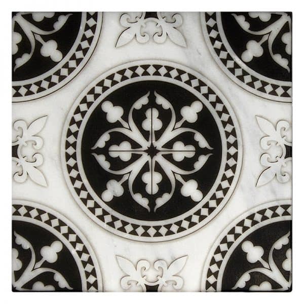 regent kettle black bold carrara natural marble square shape deco tile size 6 by 6 inch for interior kitchen and bathroom vanity backsplash wall and floor wet areas distributed by surface group and produced by artistic tile in united states