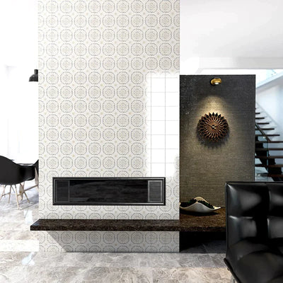 Chic interior with Marsala Bianco tiles on ceramic wall creates luxurious focal point by modern fireplace.