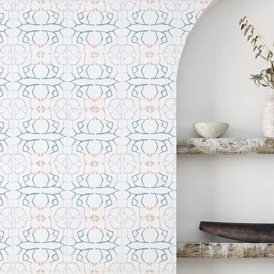 Elegant Zanzibar Ceramic Deco Tile wall with soft blue and peach geometrical designs, adding a contemporary yet classic touch to interior decor.