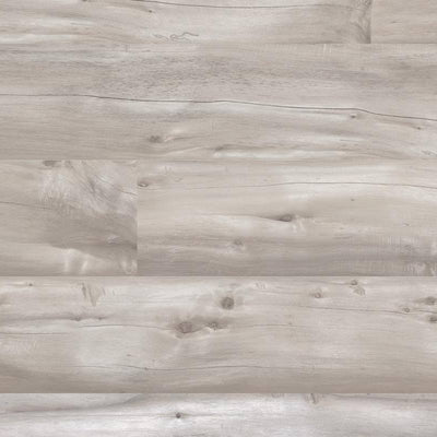 A porcelain tile with a textured wood grain design in muted gray tones, resembling weathered grey ash wood. The tile pattern features lines that imitate the look of layered wooden planks.