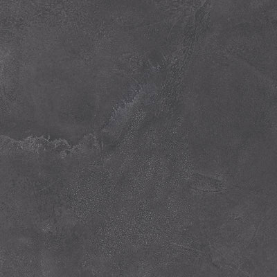 A close-up image of a textured porcelain tile with a dark, predominantly gray color and subtle variations in hue, resembling natural stone or concrete, with a smooth, glossy finish.