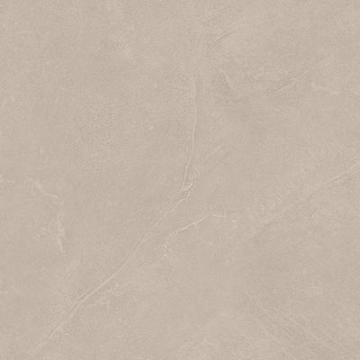 A close-up view of a porcelain tile with a smooth and slightly marbled beige texture, mimicking the appearance of natural stone.