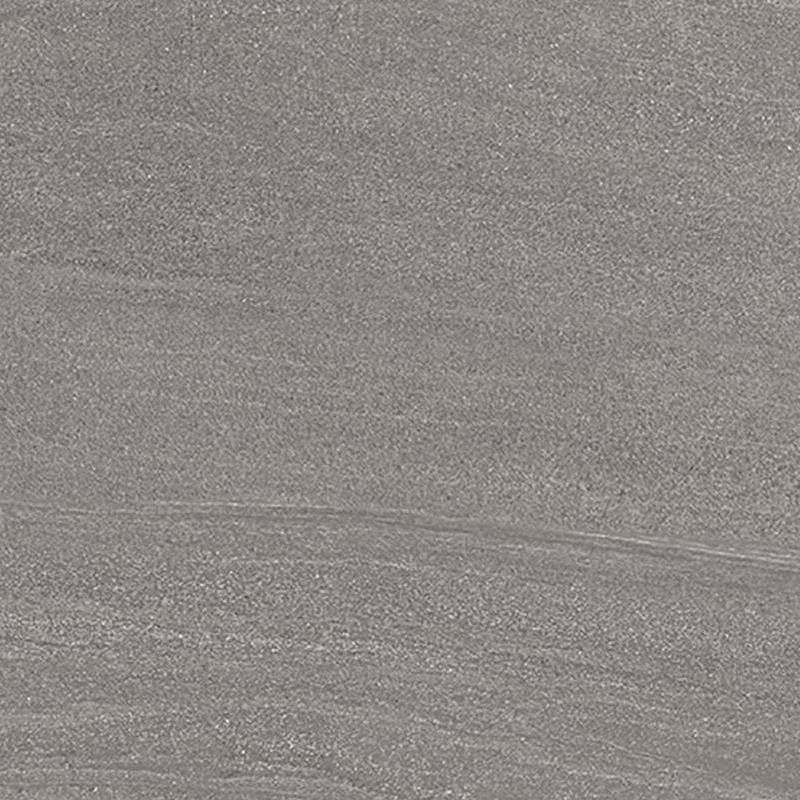 A close-up image of a porcelain tile with a textured surface, showcasing a dark grey color with subtle lighter grey veining, creating a sophisticated and elegant appearance.