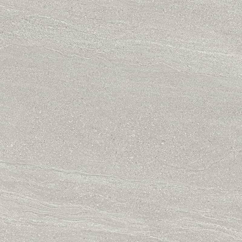 Porcelain tile with a subtle, sandstone-inspired pattern in varying shades of light grey, featuring gentle swirls and a fine-grained texture that mimics natural stone. |