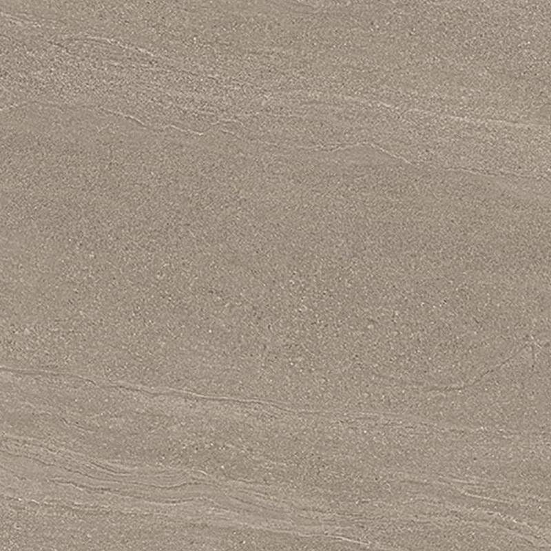 A close-up view of a smooth porcelain tile with subtle linear patterns and speckles, exhibiting shades of beige and light brown.