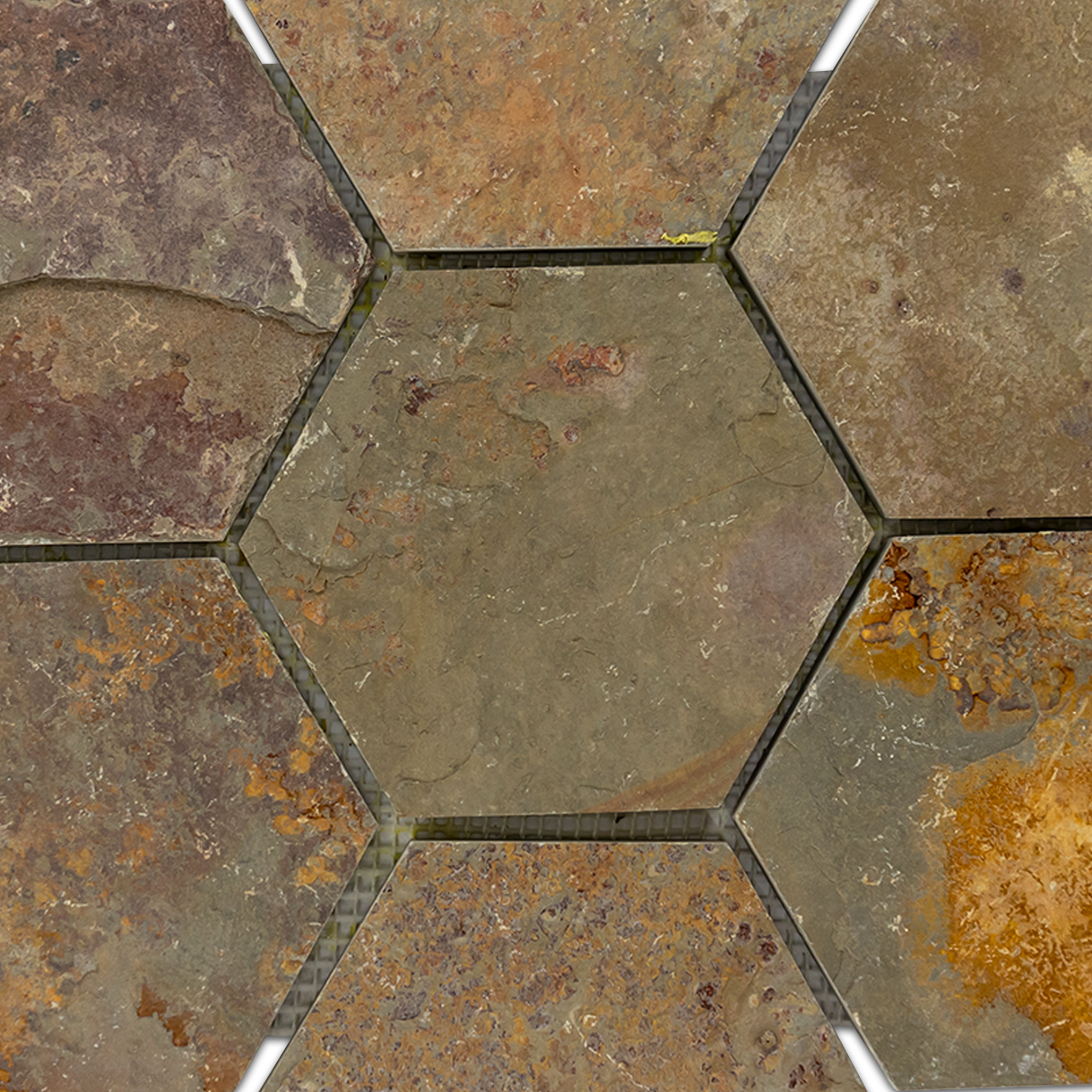 Elon Lotus Multicolor Slate mosaic natural stone tile in varying shades of green for elegant flooring and wall designs available at Surface Group online tile store.