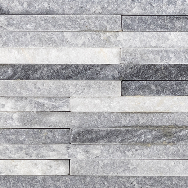 Elon Silver Sky Quartzite tile mosaic and veneer in shades of gray and white available at Surface Group online tile store