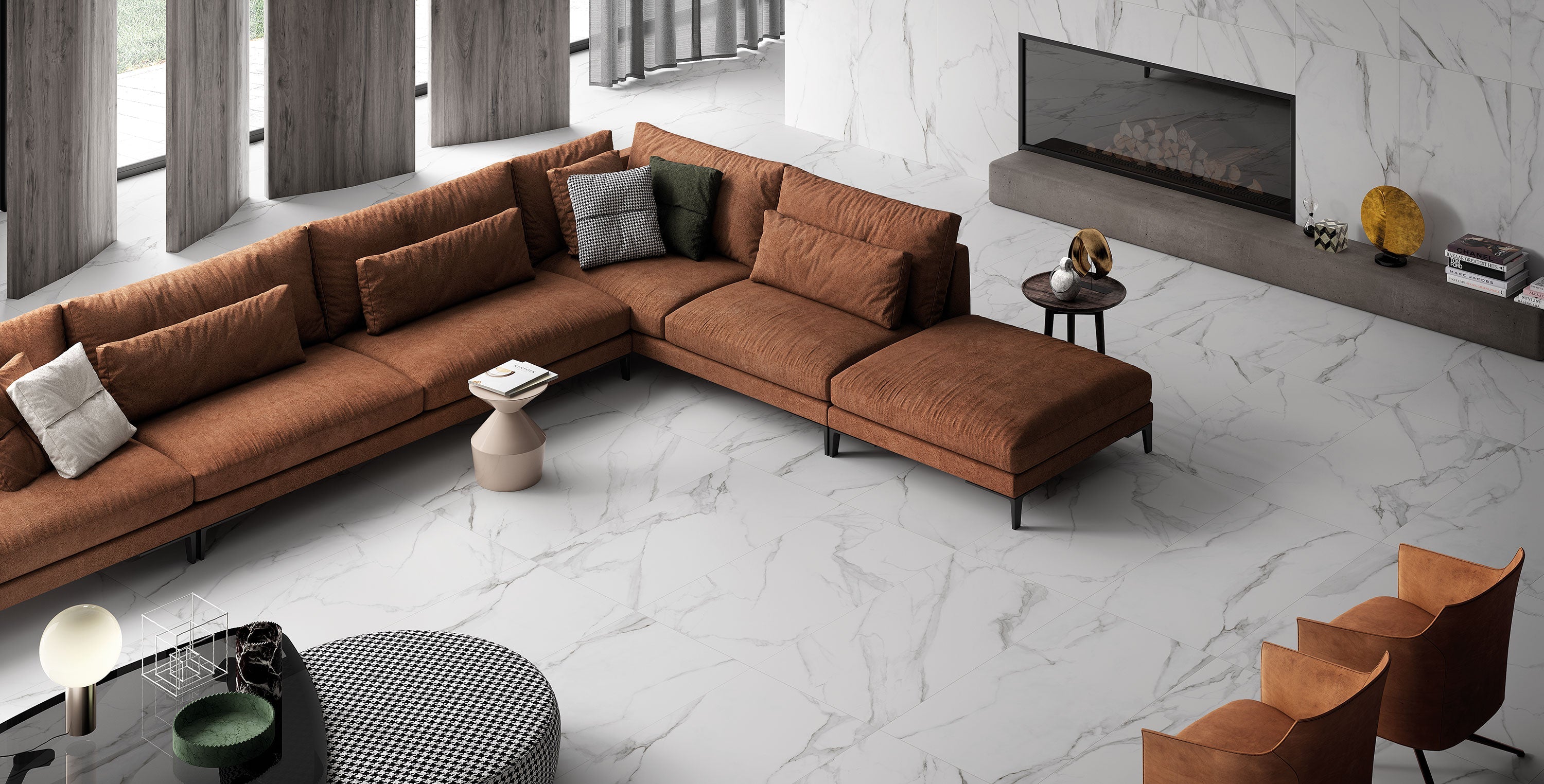 Luxurious Tuscany porcelain tile collection by Surface Group in a modern living room setting with marble effect, showcasing large format tiles with elegant veining.