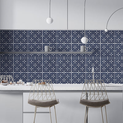 Wagara Ceramic Tile Collection by Marble Systems offers striking kitchen backsplash with bold blue patterns for Japanese-inspired elegance.