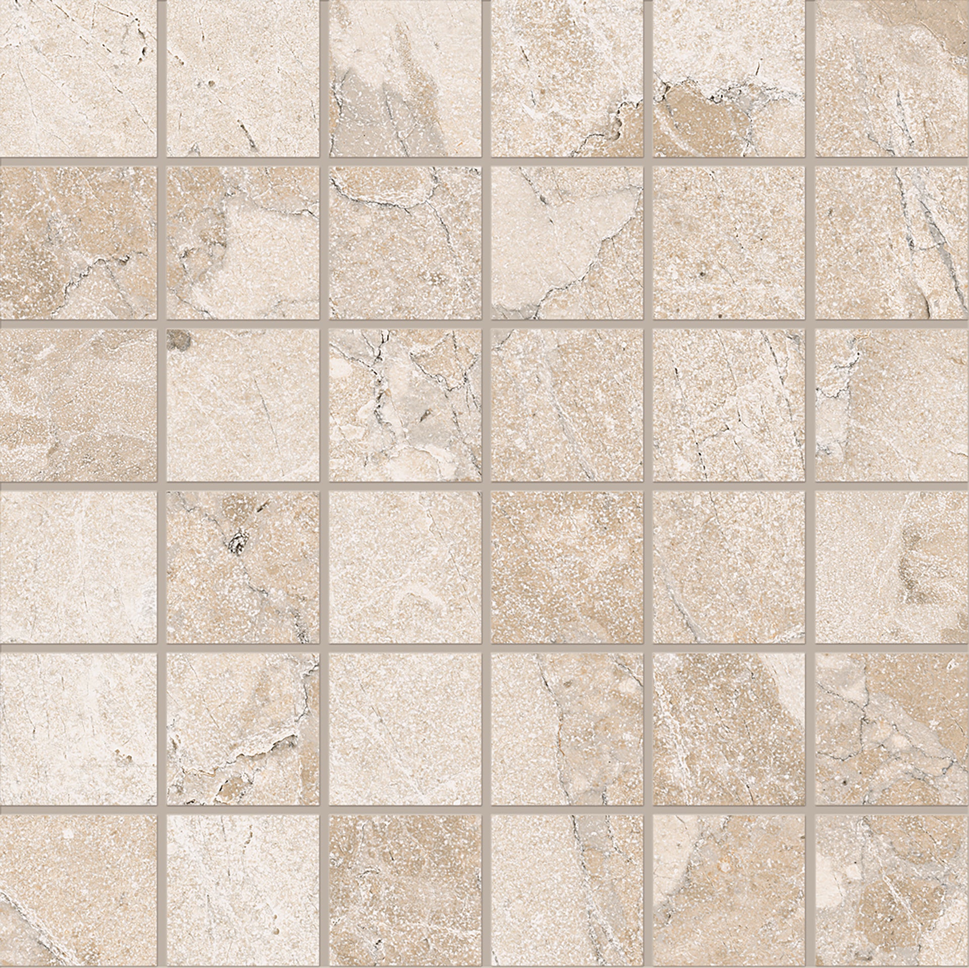 Matera Stone Beige porcelain mosaic tile by Emil, silktech finish, 11 13/16"x11 13/16"x9-mm size. Premium Italian porcelain for floors and walls.