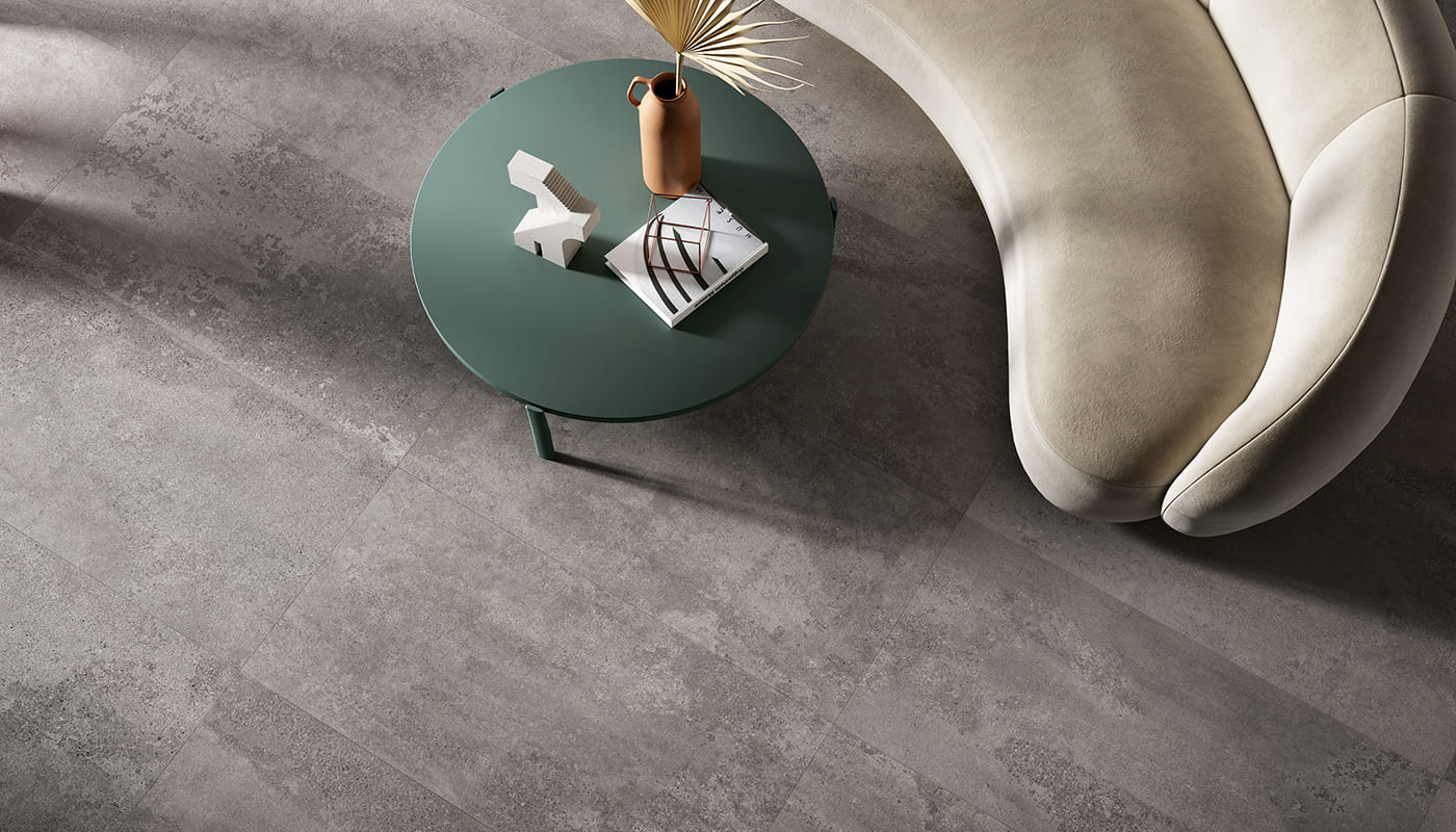 Re-Play Concrete Dark Grey porcelain field tile by Emil, naturale finish, 31 1/2"x31 1/2"x9.5-mm size. Premium Italian porcelain for floors and walls.
