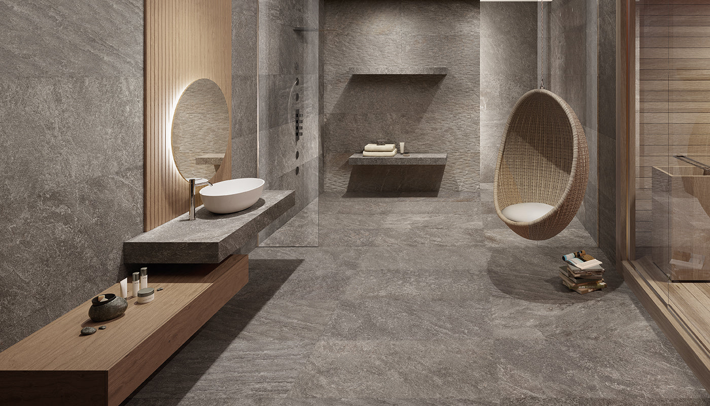 Oros Stone ANTHRACITE porcelain mosaic tile by Emil, naturale finish, 12"x24" size. Premium Italian porcelain for floors and walls.