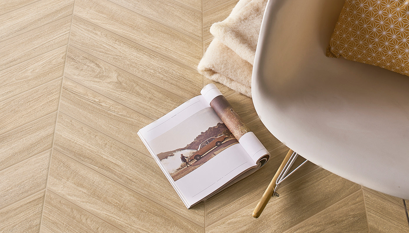 Elegance Wood Beige porcelain field tile by Emil, naturale finish, 4 5/16"x21 1/4"x9-mm size. Premium Italian porcelain for floors and walls.