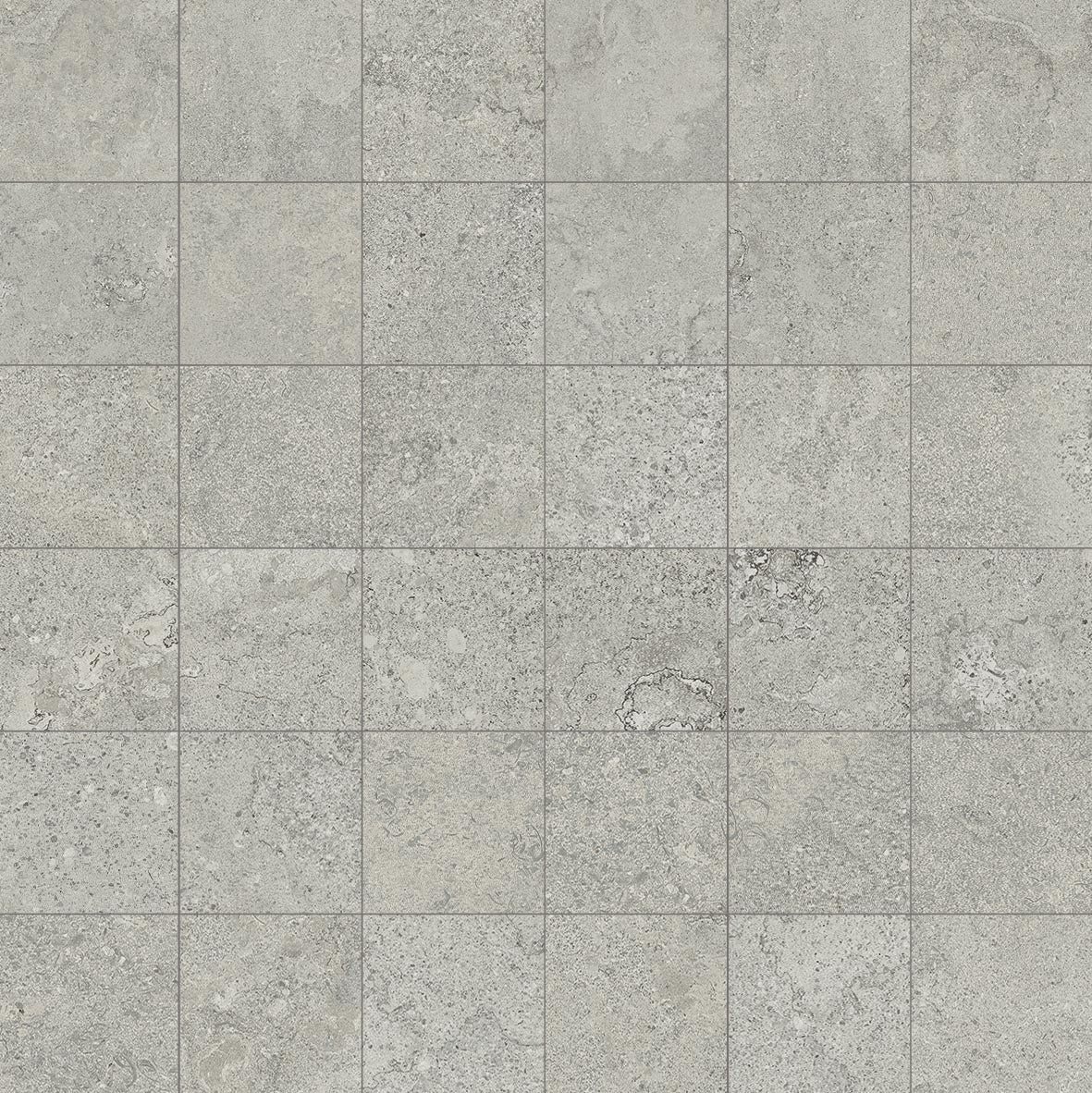 Siena Ash porcelain mosaic, top-down product view, 12"×12"×5/16" size. Premium porcelain for floors and walls.