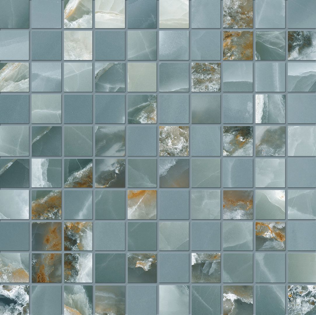 Tele di Marmo Onyx ONYX GREEN porcelain mosaic tile by Emil, full lappato finish, 12"x12" size. Premium Italian porcelain for floors and walls.
