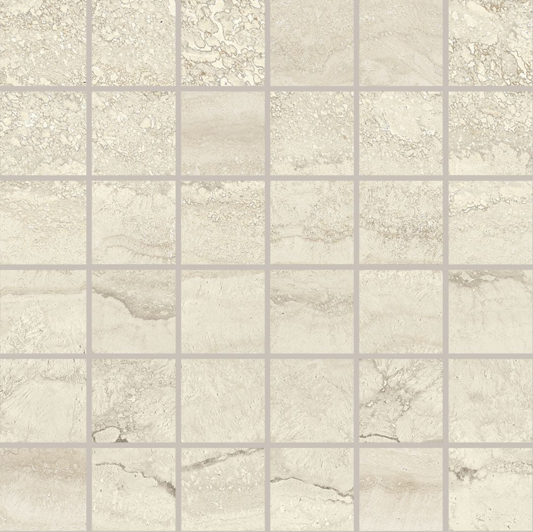 Unique Travertine Cream porcelain mosaic tile by Emil, 11 13/16"x11 13/16"x9.5-mm size. Premium Italian porcelain for floors and walls.