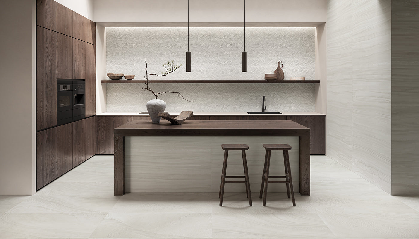 Varana Stone Light Grey porcelain field tile by Emil, silktech finish, 23 5/8"x47 1/4"x9-mm size. Premium Italian porcelain for floors and walls.