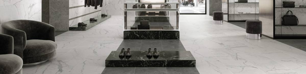 CHARME Calacatta Gold porcelain trim, lifestyle installation view 1, 3"×24"×11/32" size. Premium porcelain for floors and walls.