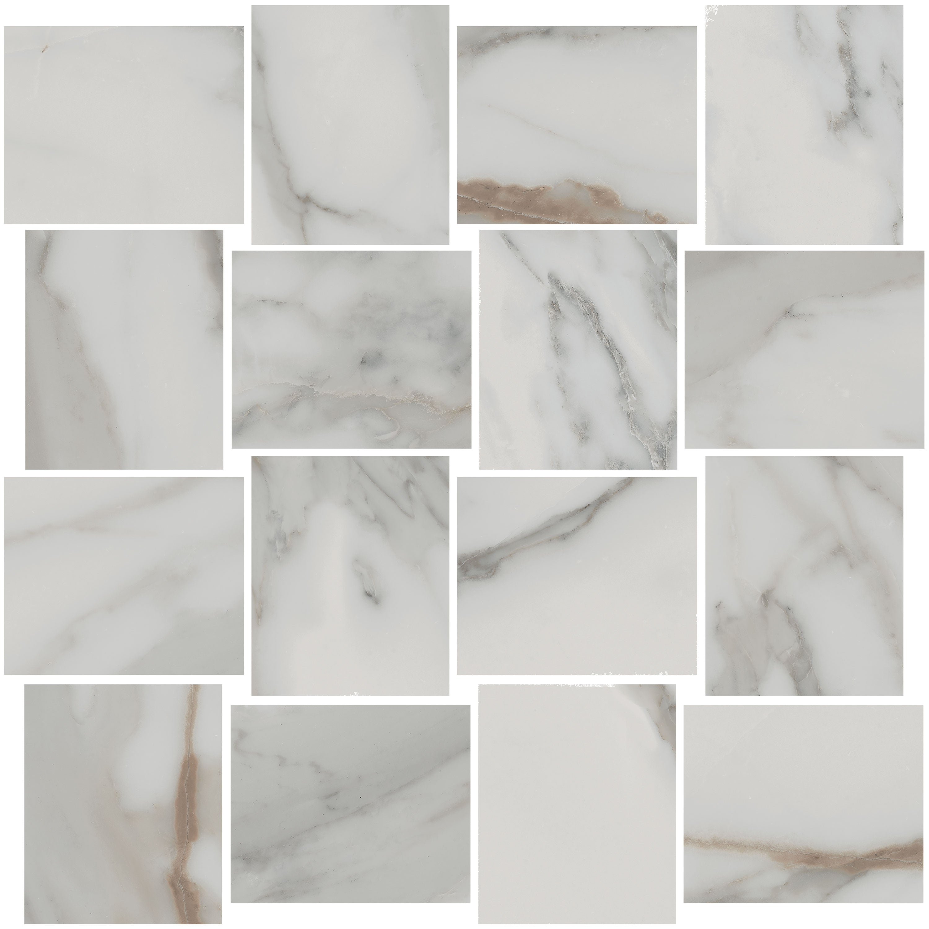 CHARME Calacatta Gold porcelain mosaic, top-down product view, 12"×12"×11/32" size. Premium porcelain for floors and walls.