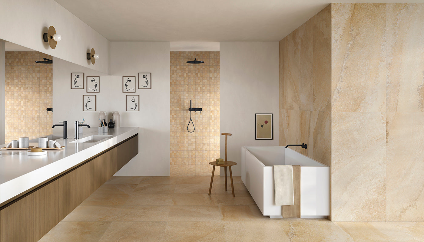 Cornerstone Alpen BAVARIA STONE porcelain mosaic tile by Emil, naturale finish, 12"x24" size. Premium Italian porcelain for floors and walls.