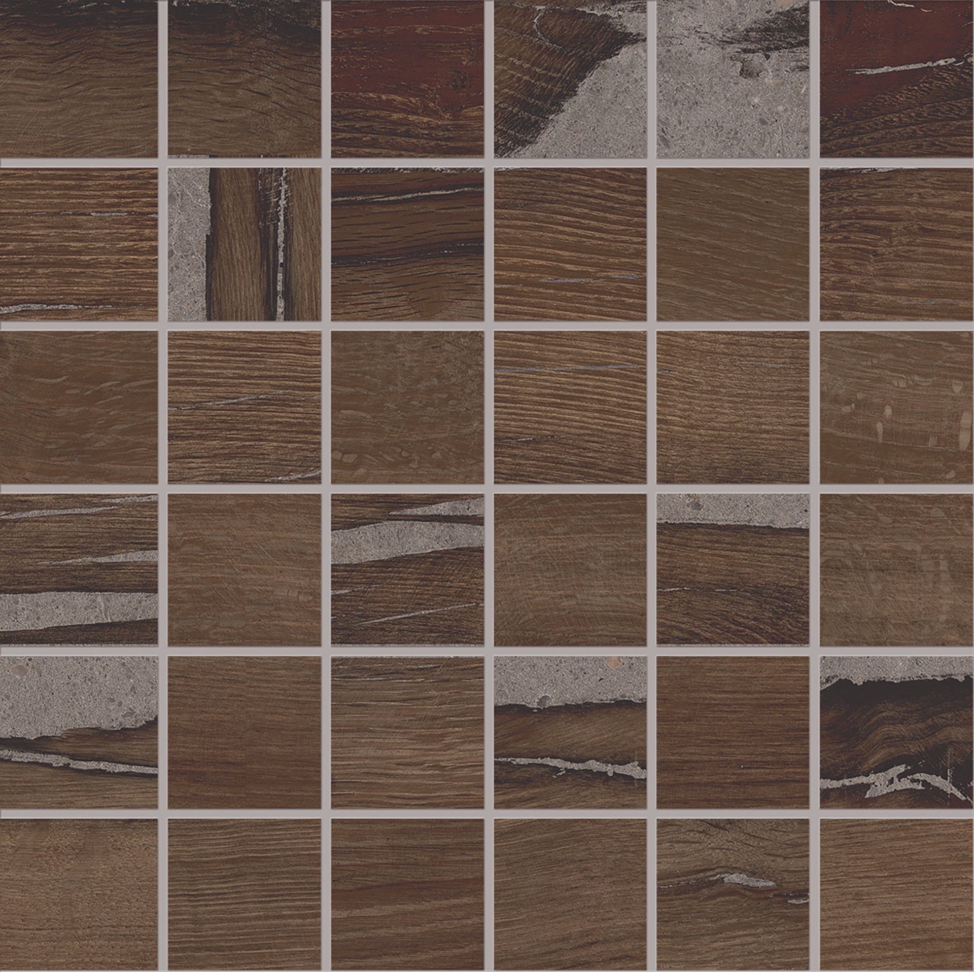 Alter Bruciato porcelain mosaic tile by Emil, 11 13/16"x11 13/16"x9.5-mm size. Premium Italian porcelain for floors and walls.