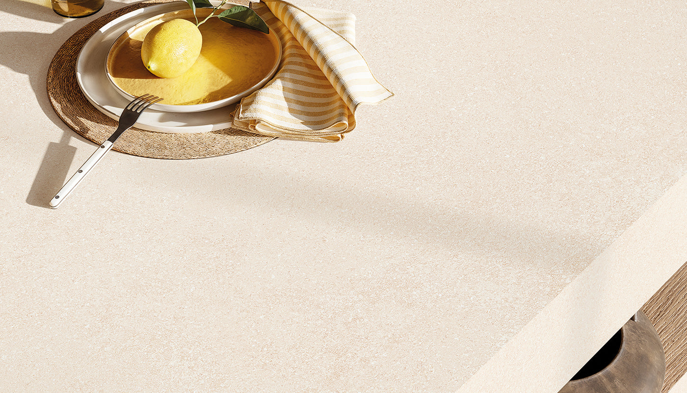 Pietra Essenza Avorio porcelain field tile by Emil, silktech plus finish, 23 5/8"x47 1/4"x9-mm size. Premium Italian porcelain for floors and walls.