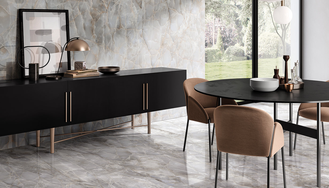 Tele Di Marmo Reloaded ONICE KLIMT porcelain mosaic tile by Emil, full lappato finish, 12"x12" size. Premium Italian porcelain for floors and walls.