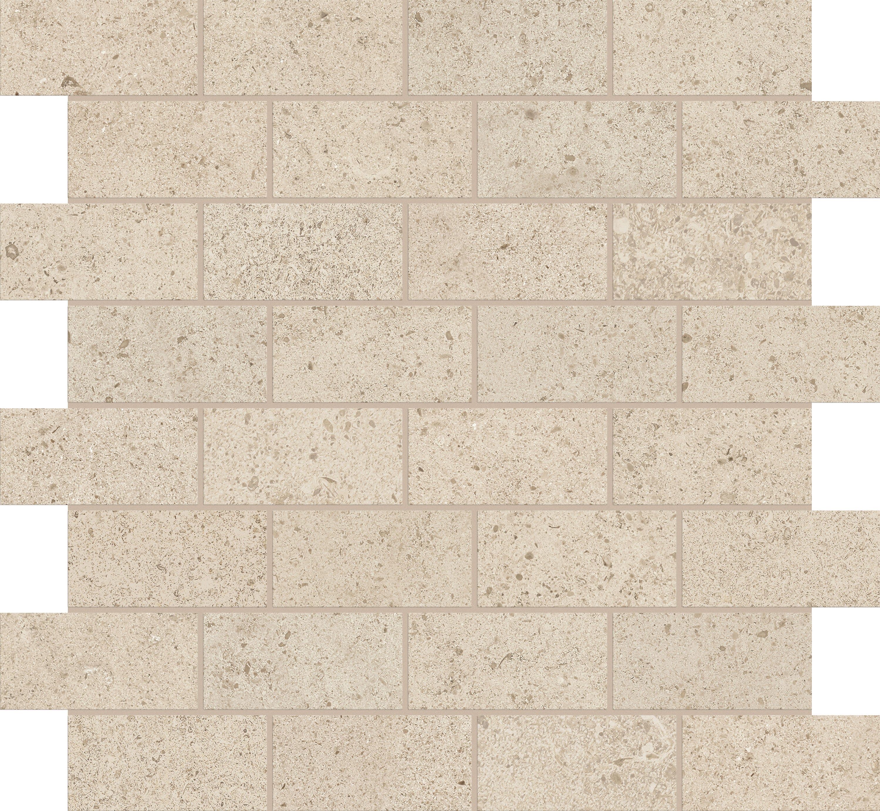 Mood Sand porcelain mosaic, top-down product view, 12"×12"×11/32" size. Premium porcelain for floors and walls.